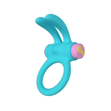 Elegant view of the Party Color RINY Rabbit Cock Ring showcasing its playful rabbit ears and soft silicone material, designed to enhance intimate experiences.